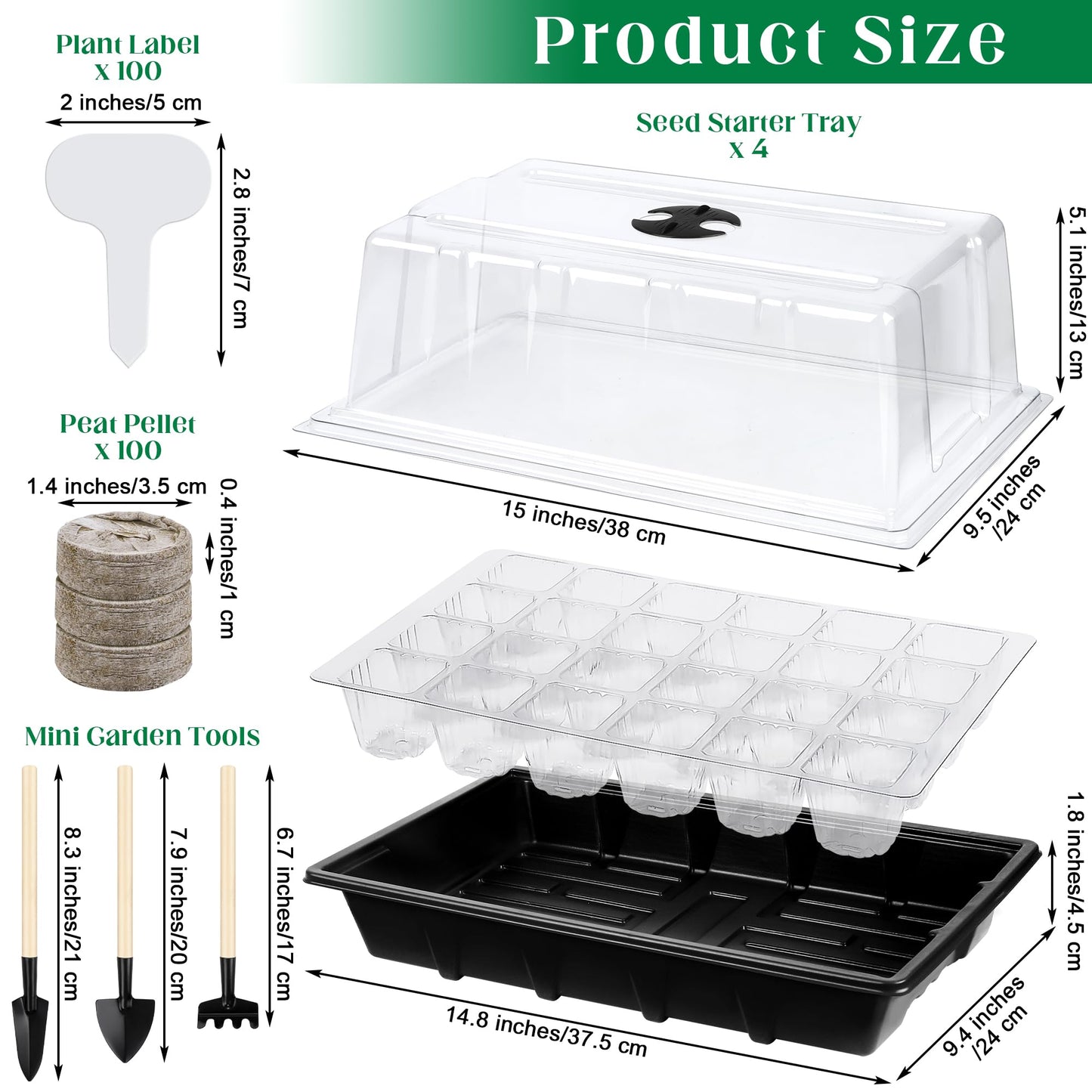 Hahood 4 Sets Seed Starter Tray Kit Germination Starter Tray with Humidity Dome and Base Include 100 Peat Pellets 100 Plant Labels Garden Tools Plastic Plant Growing Trays for Greenhouse Garden, Black