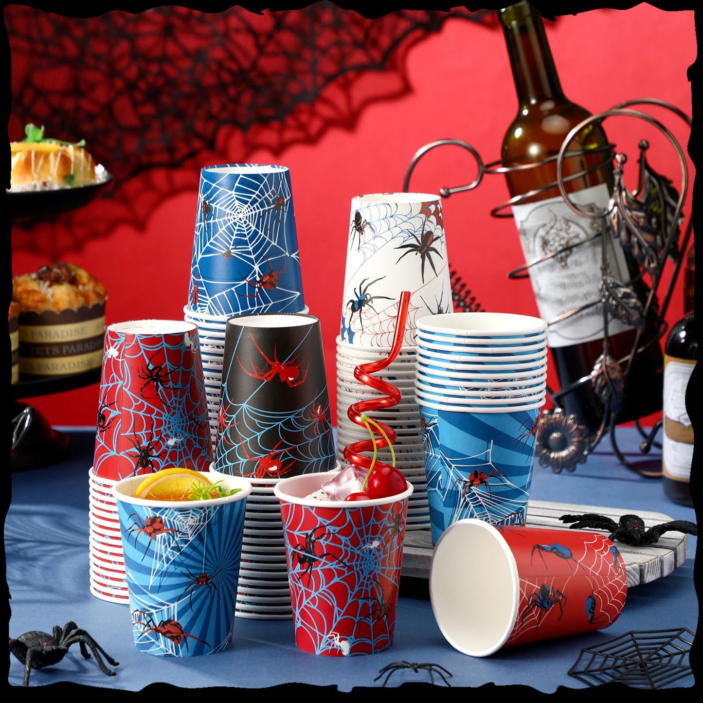 Teenyyou 100 Pcs 9 oz Spider Disposable Paper Cups Spider Party Decorations Red Blue Black Paper Drinking Cups for Hot Cold Wine Coffee Tea Beverage Holiday Birthday Wedding Home Party Supplies