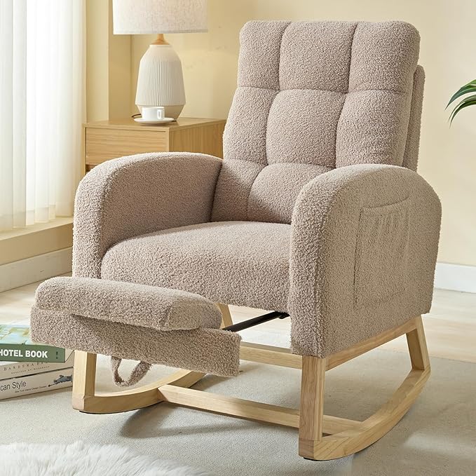NIOIIKIT Modern Nursery Rocking Chair, Teddy Upholstered Rocking Chair