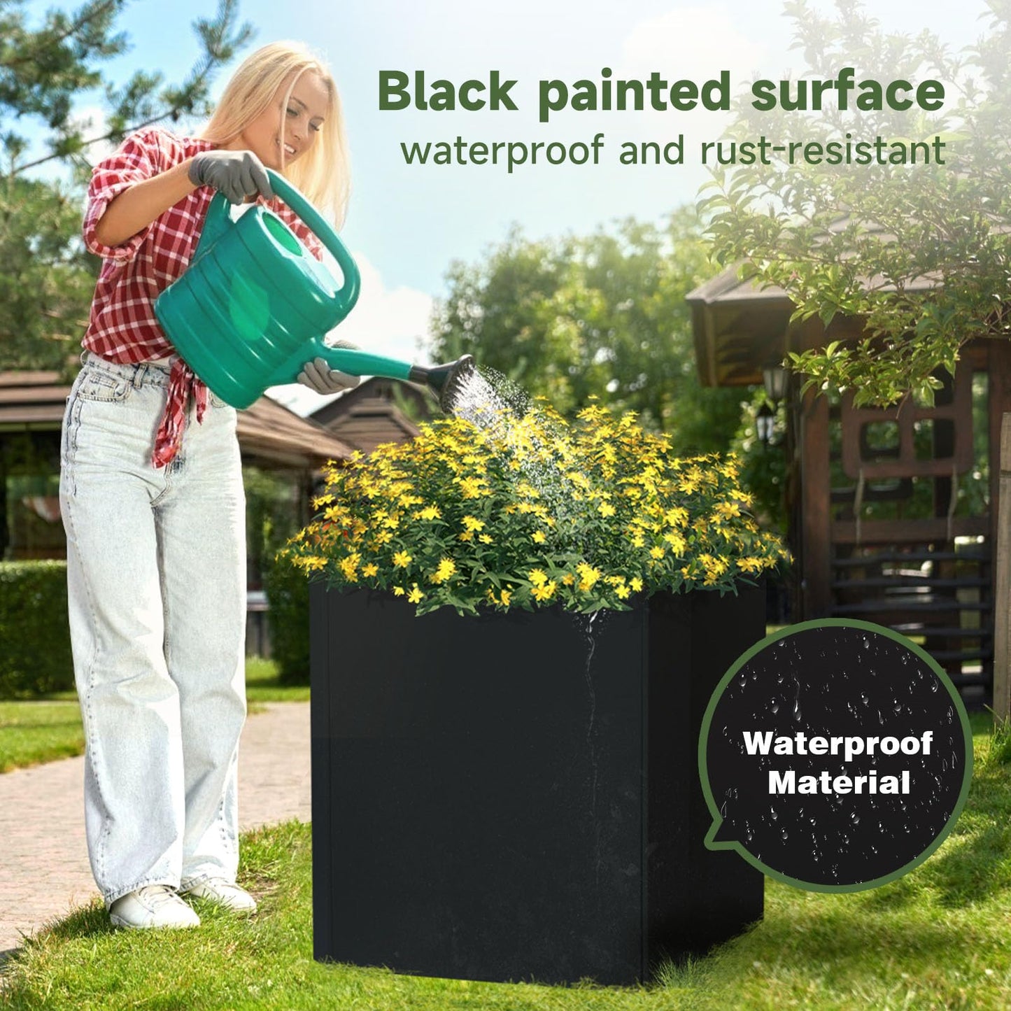 Metal Planter Box-26 L X26 W X26 H-Steel Planters for Outdoor Plants, Large Square Planter Box, Heavy Duty Black Metal Planter Pot for Patio, Deck, Garden, Yard, Drainage Holes, Easy Assembly