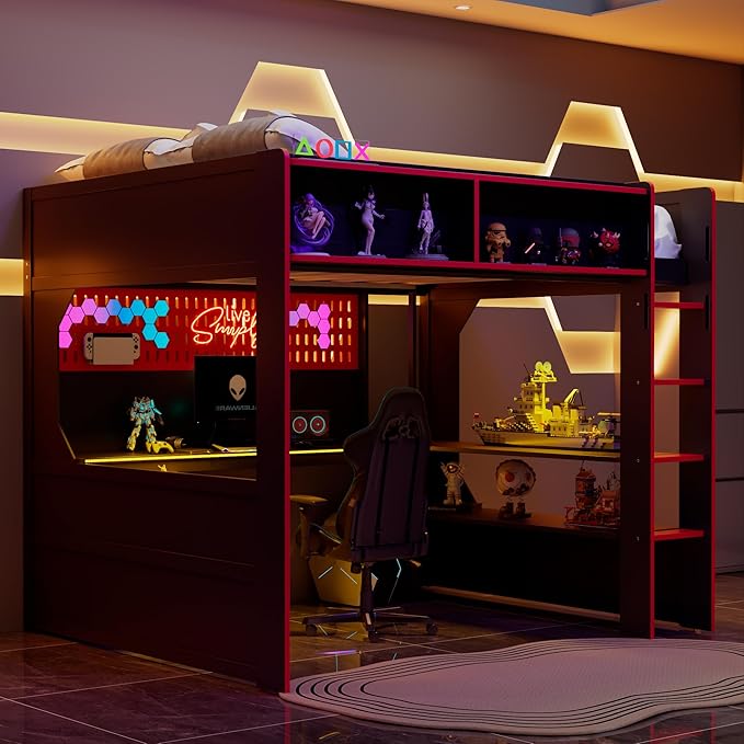 Modern Gaming Loft Bed with Built-in Desk, LED Lighting & Charging Hub – Full