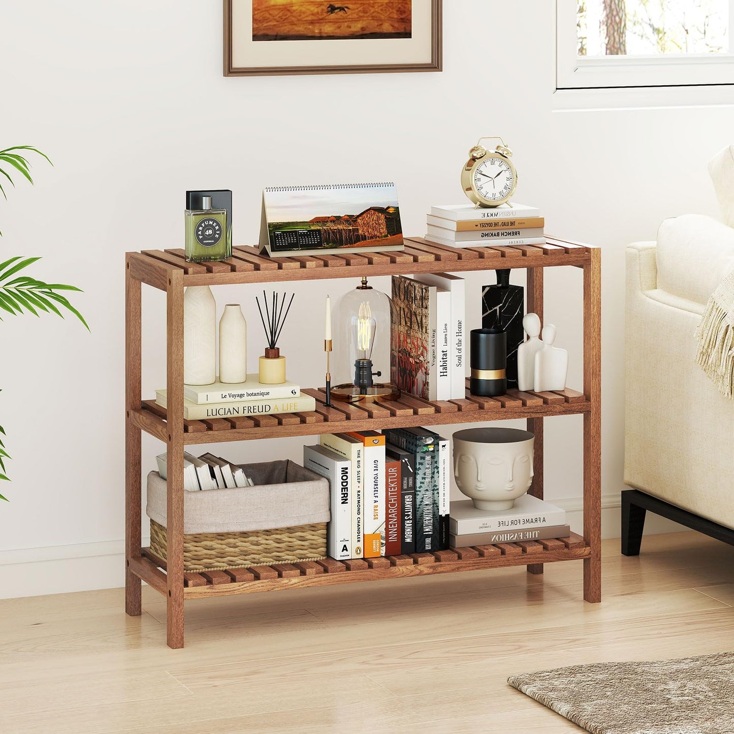 Giantex 3-Tier Wooden Bookshelf, Teak Wood Stand Storage Shelf, Rustic Plant Stand, Slatted Shelves, Farmhouse Storage Organizer, Multifunctional Display Rack for Entryway Living Room Bedroom