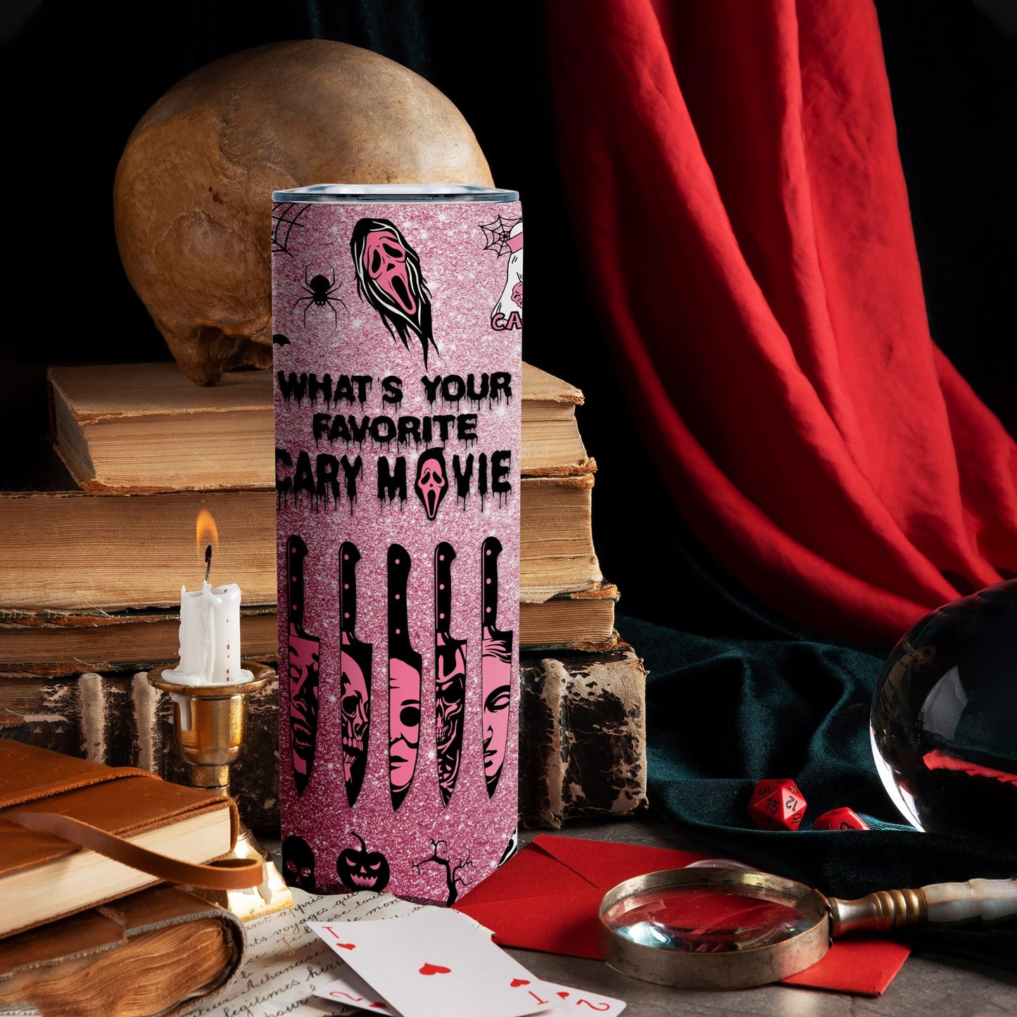 Pink Spooky Cute 20oz Skinny Tumbler, Halloween Horror Aesthetic Stainless Steel Travel Mug with Lid, Insulated Coffee Cup Gift for Women Teens