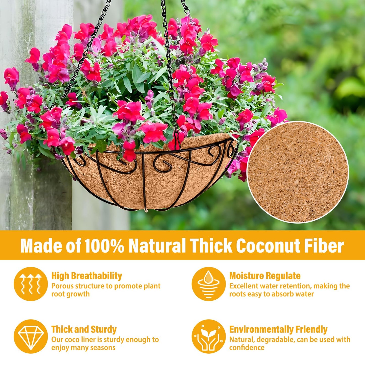 Legigo 6 Pack 12 Inch Metal Hanging Baskets for Plants Outdoor- Round Wire Hanging Planters Basket with Coconut Coir Liner, Hanging Flower Pot for Outdoor Plants Flowers Garden Decorations