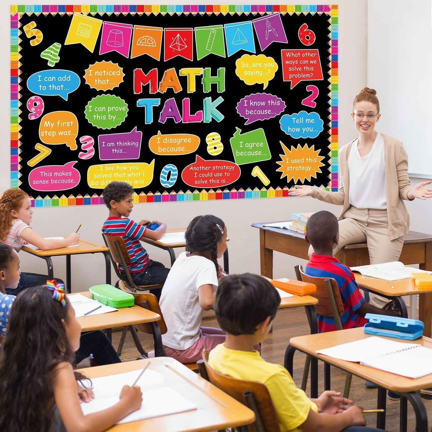 party greeting Math Talk Bulletin Board Set Maths Classroom Decoration Mathematics Paper Cutout Math Bulletin Board Border for Elementary Middle High School Wall Chalkboard Decor Teacher Supplies