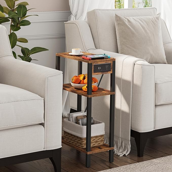 TUTOTAK Narrow Side Table with Charging Station, Small End Table with USB Ports