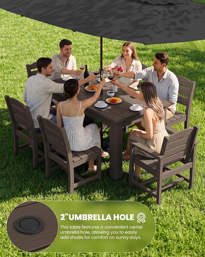 SERWALL HDPE Dining Set for 8: 2 Umbrella Hole Tables + 8 Chairs. Includes 8