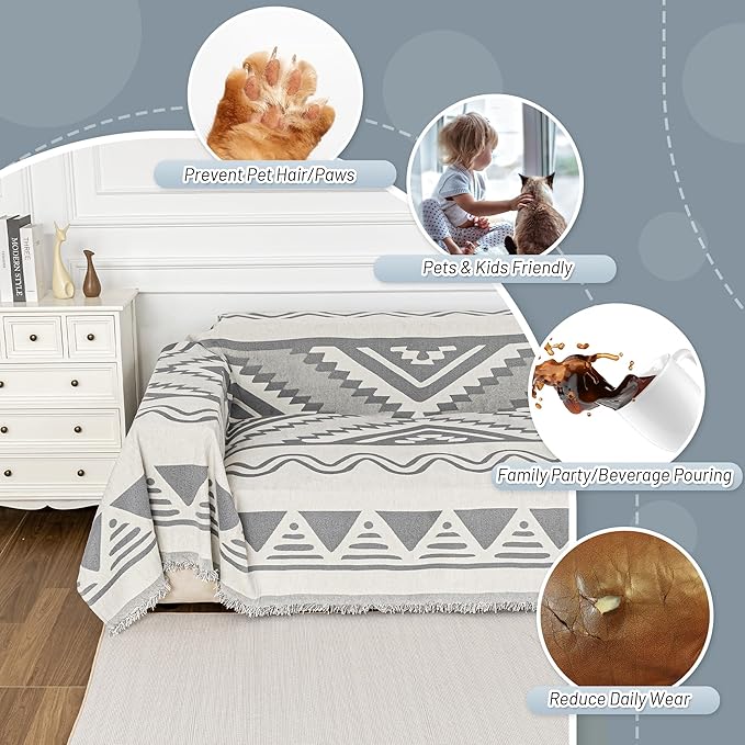 MYSKY HOME Sectional Couch Cover Grey Boho Geometric Sofa Covers