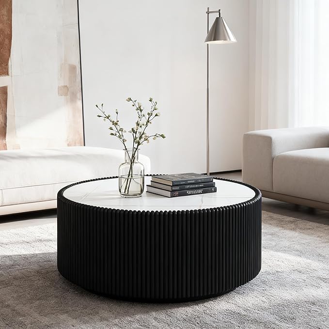 29.52" Round Marble Coffee Table, Modern Fluted Coffee Table w/White Sintered