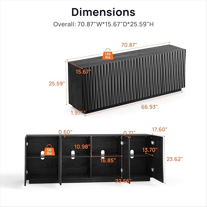70" Fluted TV Stand for TVs Up to 50/55/65/75", Mid-Century Modern