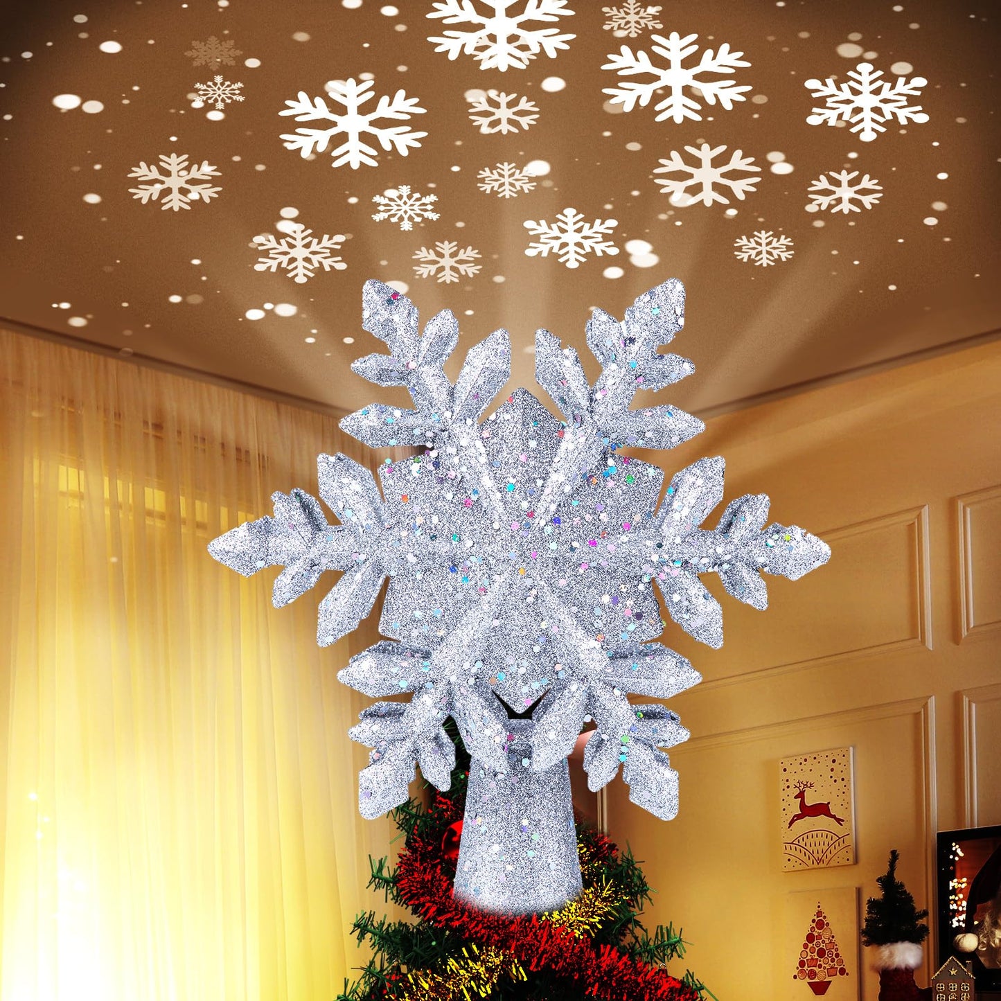 Christmas Tree Topper Lighted with Built-in Led Rotating Snowflake Projector Lights, 9.6” Hollowed Tree Topper with Silver Spangles Plug In for Indoor Home Xmas New Year Party Holiday Night Tree Decor