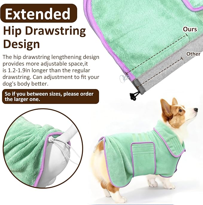 Soft Dog Bathrobe Fast Drying Dog Coat, Super Absorbent Dog Towels for After Bath, Microfiber Pet Robe Adjustable Collar & Belly Warm Keeping Dogs Coat for Pet Dogs & Cats (Green, X-Large)