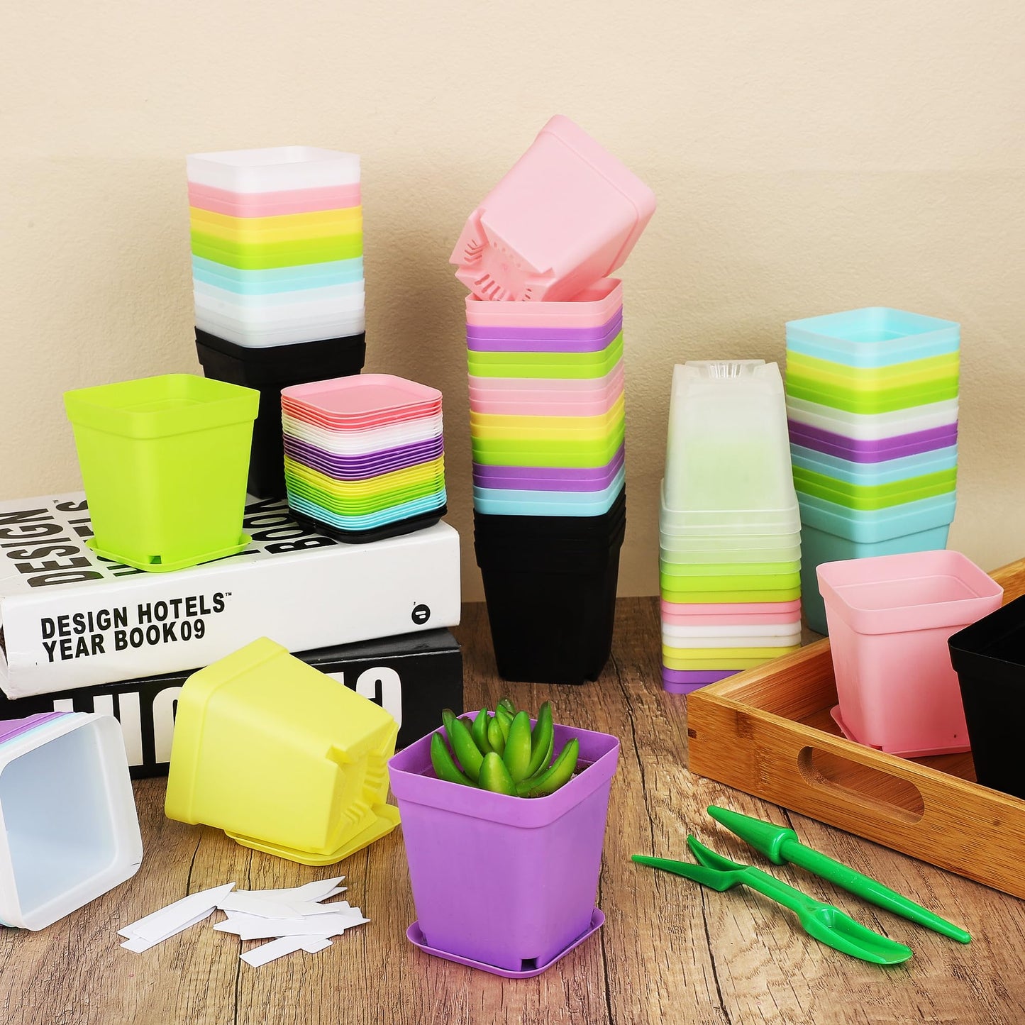 Hahood 160 Pieces Square Flower Plant Pots 3 Inch Flower Seedling Nursery Pots with Pallet Colorful Mini Plastic Planters with Labels and Tools for Room, Garden, Office and Balcony, 8 Colors