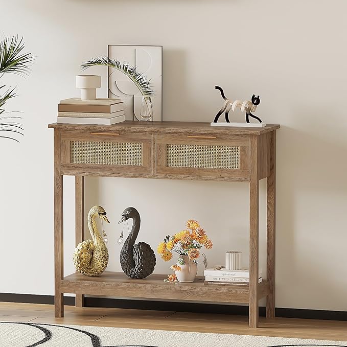 Trironsun Farmhouse Rattan Console Table