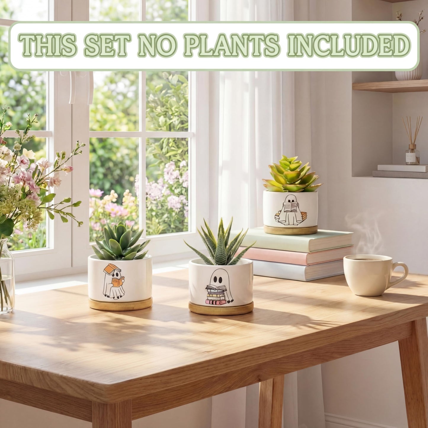 Mimorou 3 Pcs Book Lover Gifts, Cute Ghost Reading Succulent Planters with Bamboo Trays, Small Ceramic Plant Pots for Indoor Plants, Bookish Gifts for Readers, Teachers, Book Lover Desk Decor