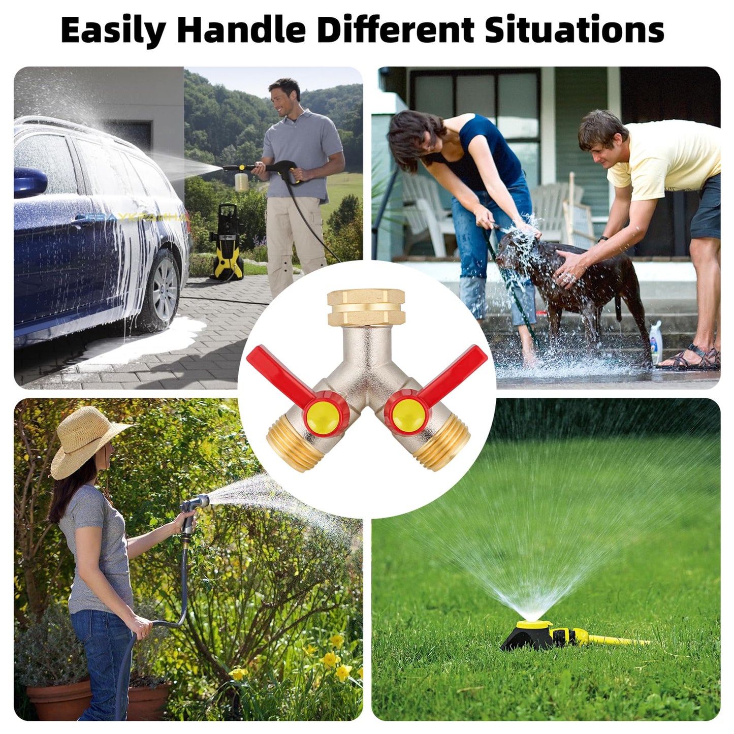 DINGBAI Hose Splitter 2 Way, Brass High Flow Garden Hose Splitter Heavy Duty, Hose Connector, Water Spigot Splitter, Full Flow Faucet Splitters with shutoff, 3/4” GHT Inlet