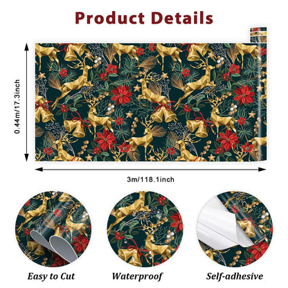 TOARTi Gold Elk Christmas Peel and Stick Wallpaper Dark Green Christmas Reindeer Contact Paper for Cabinets Drawer Xmas Self Adhesive Wallpaper for Winter Holiday Party Xmas Contact Paper
