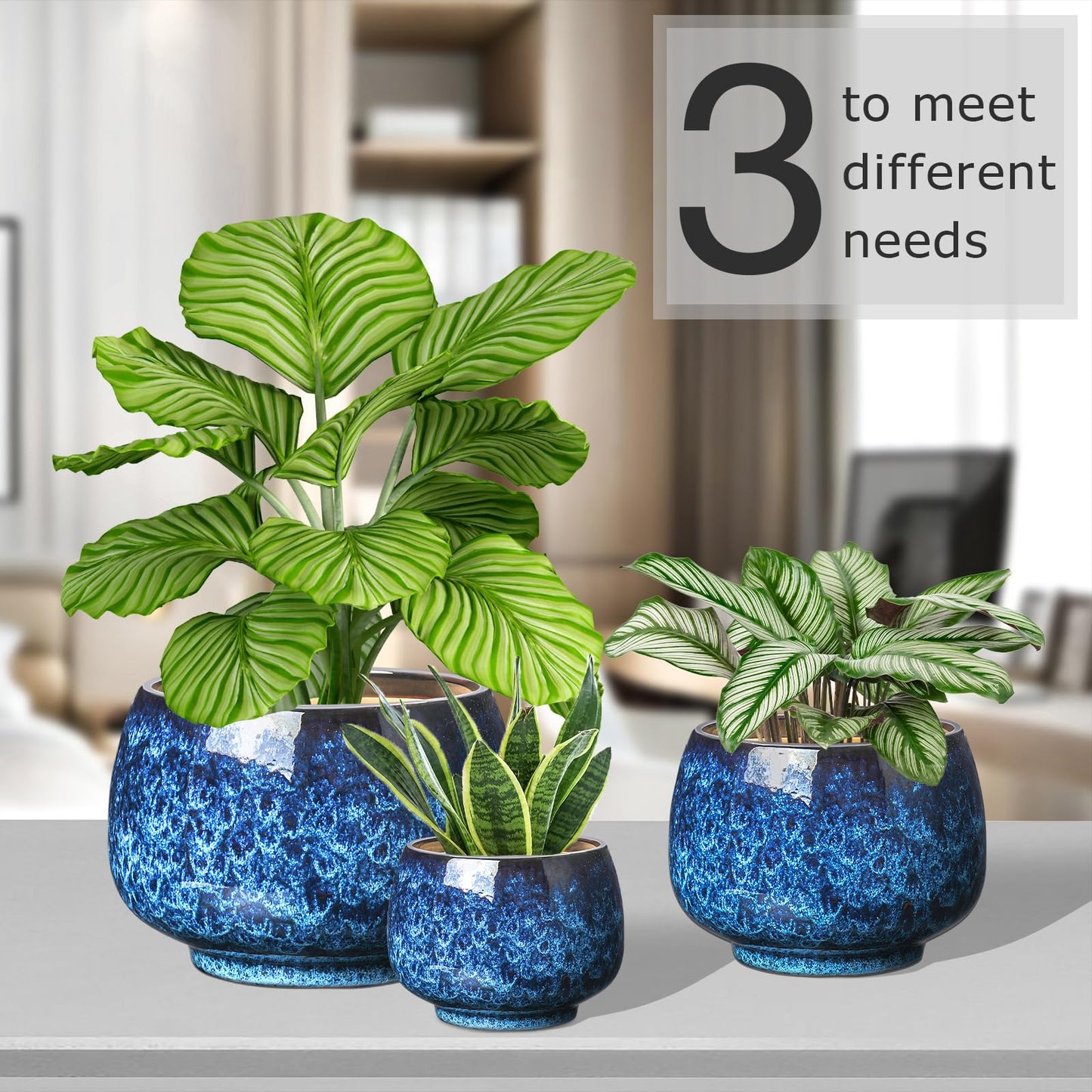 BUYMAX Ceramic Plant Pots Set of 3 for Indoor Plants, 6 8 10 Inch Large Round Planters with Drainage Hole, Modern Flower Pots with Mesh Pads & Rubber Plugs for Home Garden Decor, Blue