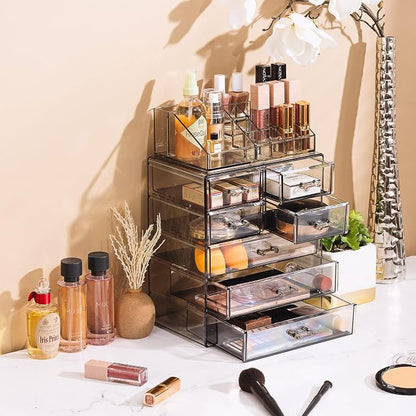 Sorbus Acrylic Makeup Organizer Set, 7-Drawer Vanity & Countertop Cosmetic Storage with Small & Wide Compartments, Black-Tint Makeup Storage for Brushes, Jewelry – Holiday Gift for Women & Teens