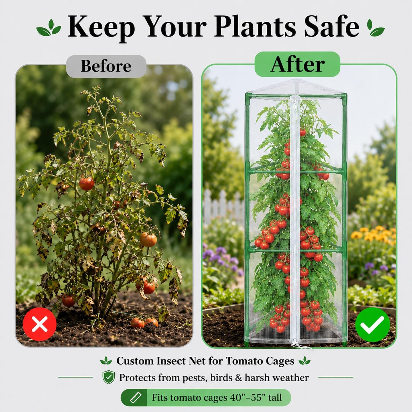 Halatool Garden Tomato Plant Cover Netting, Fits 40–55" Tall Tomato Cages, Garden Bird Netting with Zipper & Drawstring, Insect Barrier, Plant Covers from Insects Animals, 2 Pack, 45"×15.7"