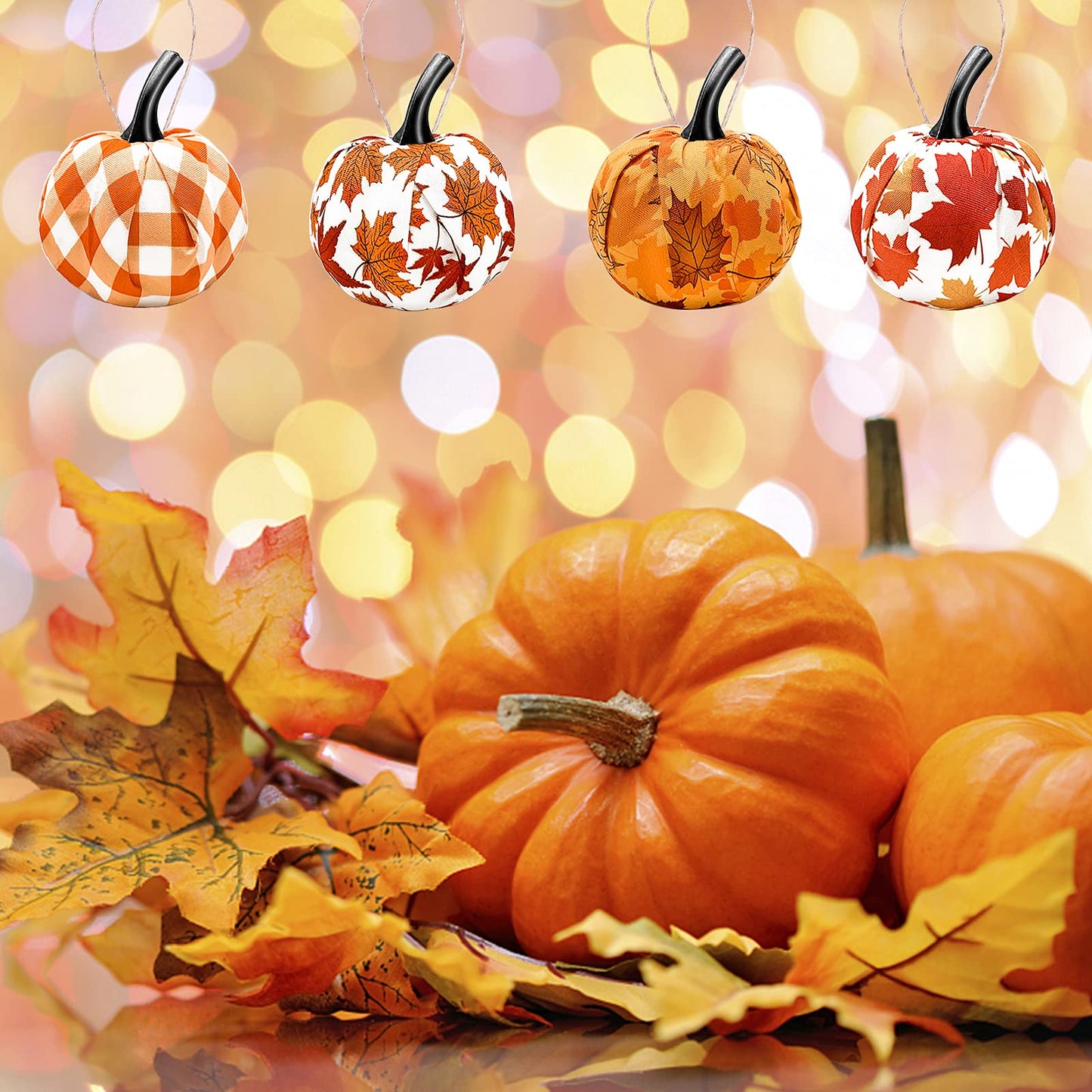 Sfcddtlg 12 Pcs Fall Thanksgiving Day Hanging Pumpkin- Maple Leaf Gingham Fabric Wrapped Hanging Ball Ornament for Farmhouse Fall Autumn Thanksgiving Party Home Décor