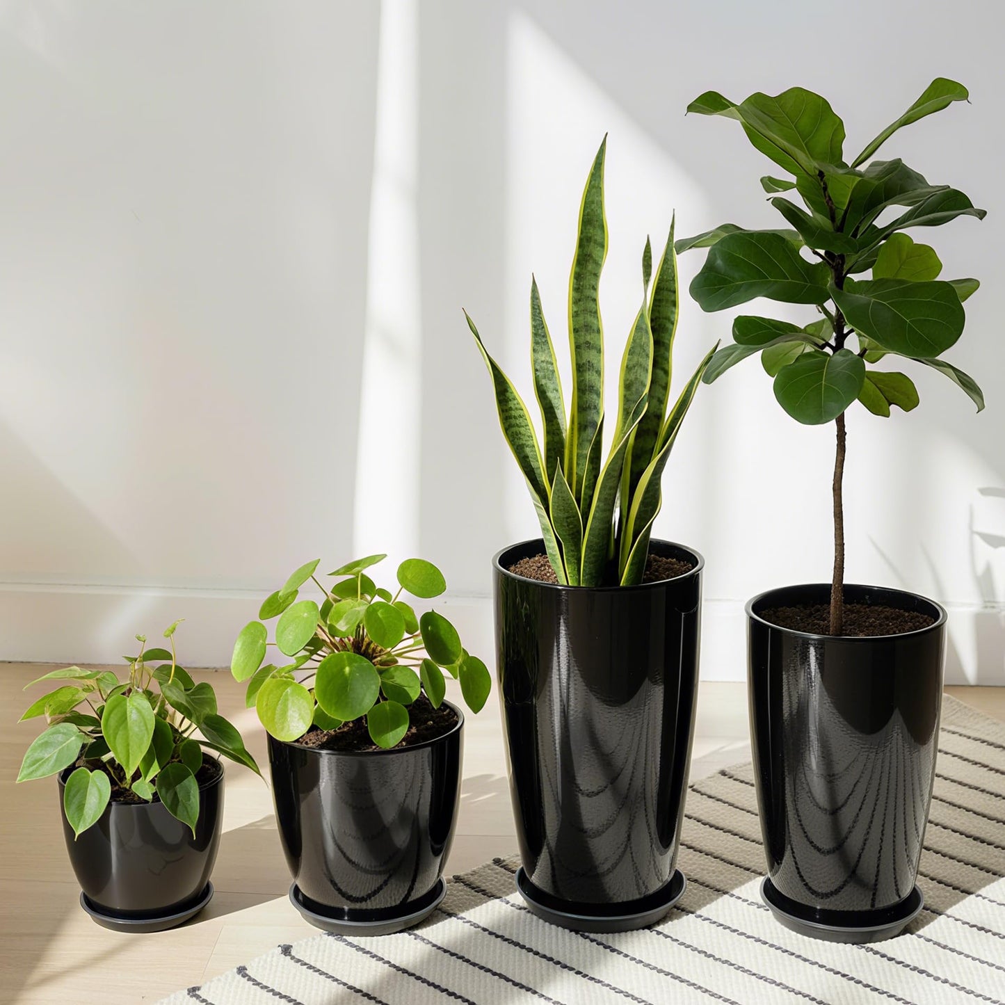 ZMTECH 24/21/12/10" H Large Plastic Planters with Drainage Hole and Saucer -Set of 4 Tall Plant Pots for Indoor & Outdoor Use,Black Glossy Smooth Lightweight Flower Pot for Front Porch Patio Deck