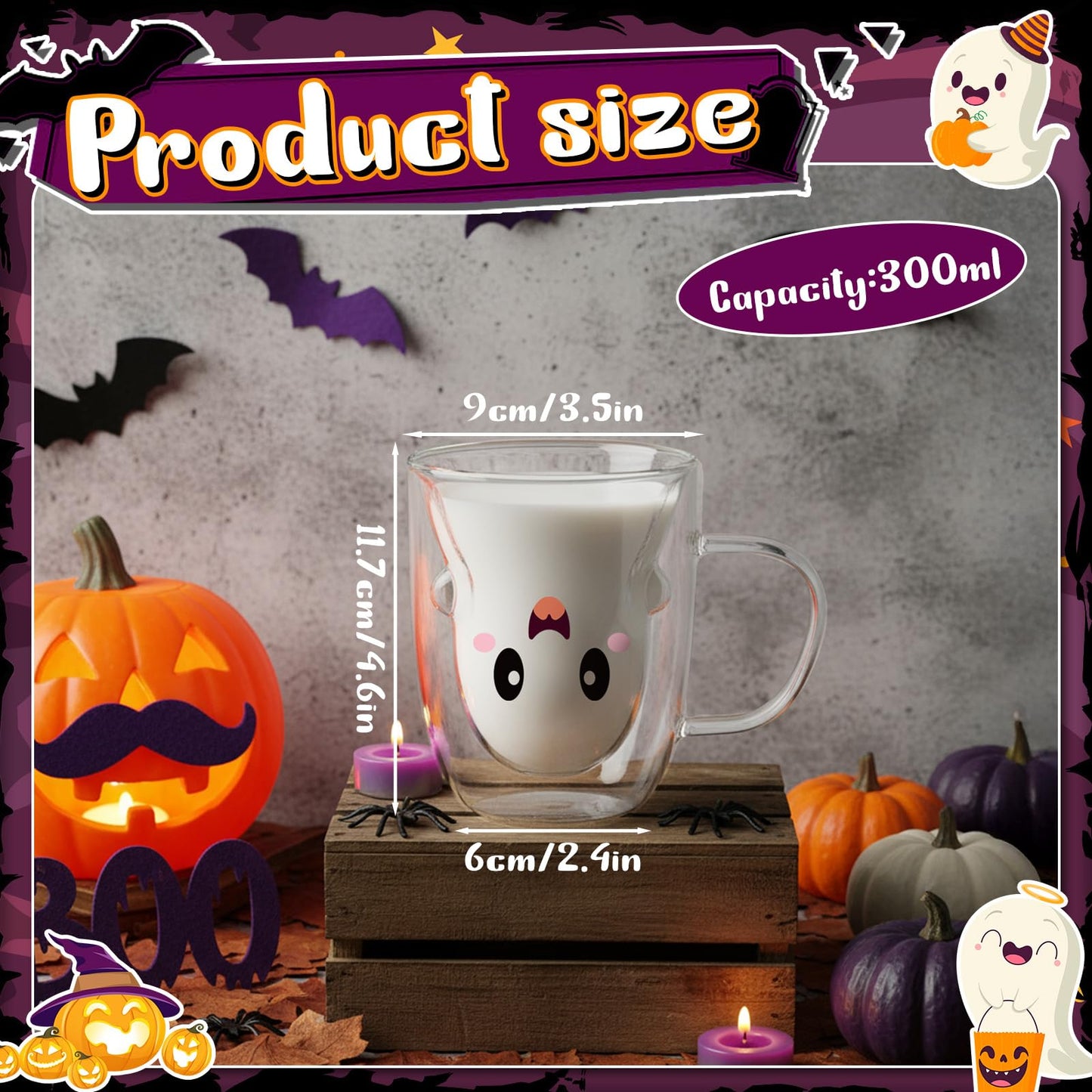 Honeydak Ghost Halloween Mug, 10 oz Double Walled Coffee Mugs with Handle, Heat Resistant Mugs for Hot Cocoa and Latte for Halloween Party Supplies(White,Cartoon Style)