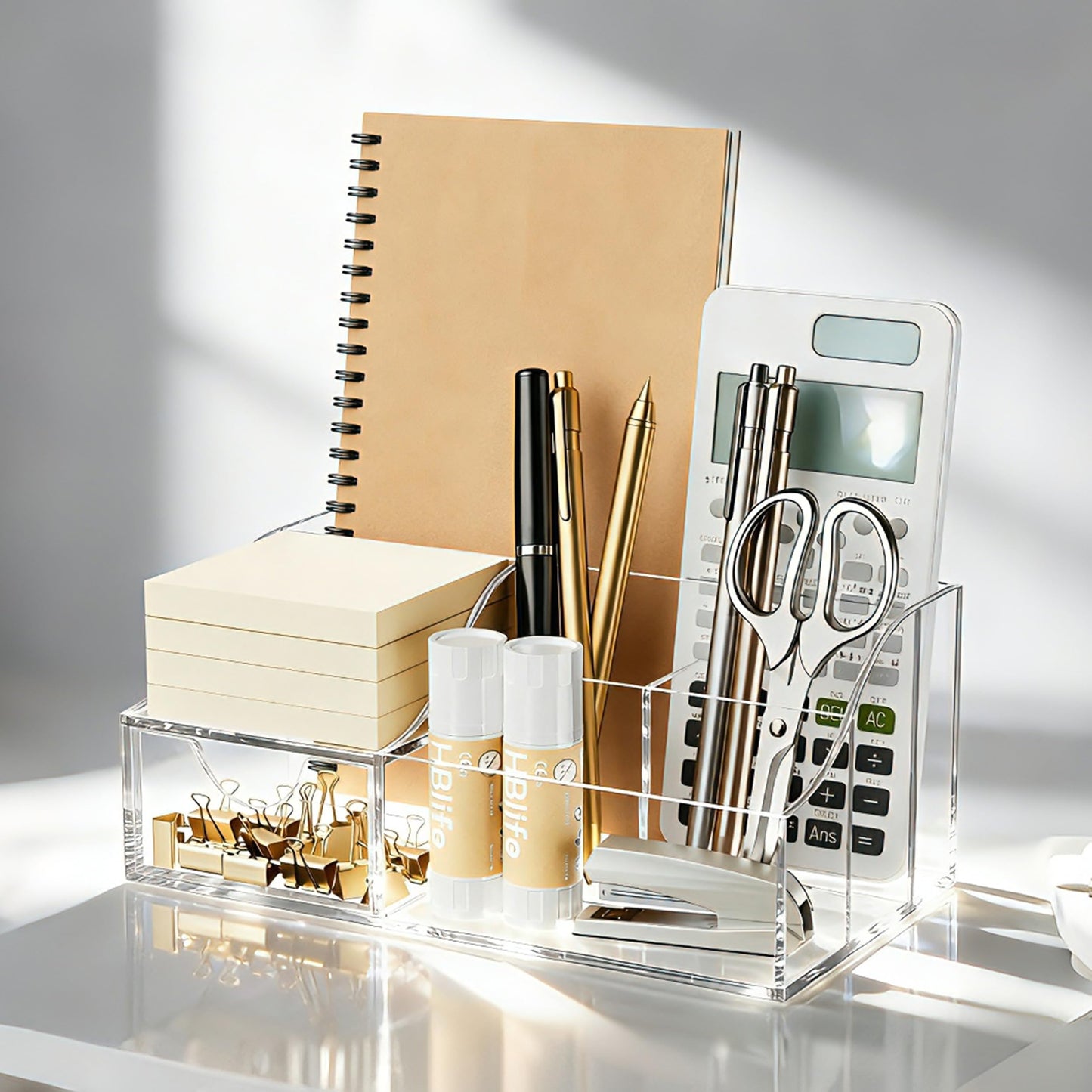 HBlife Acrylic Desk Organizer with Drawer, Pen & Pencil Holder, Multifunctional Desktop Caddy for Office Supply and Organization (Clear)