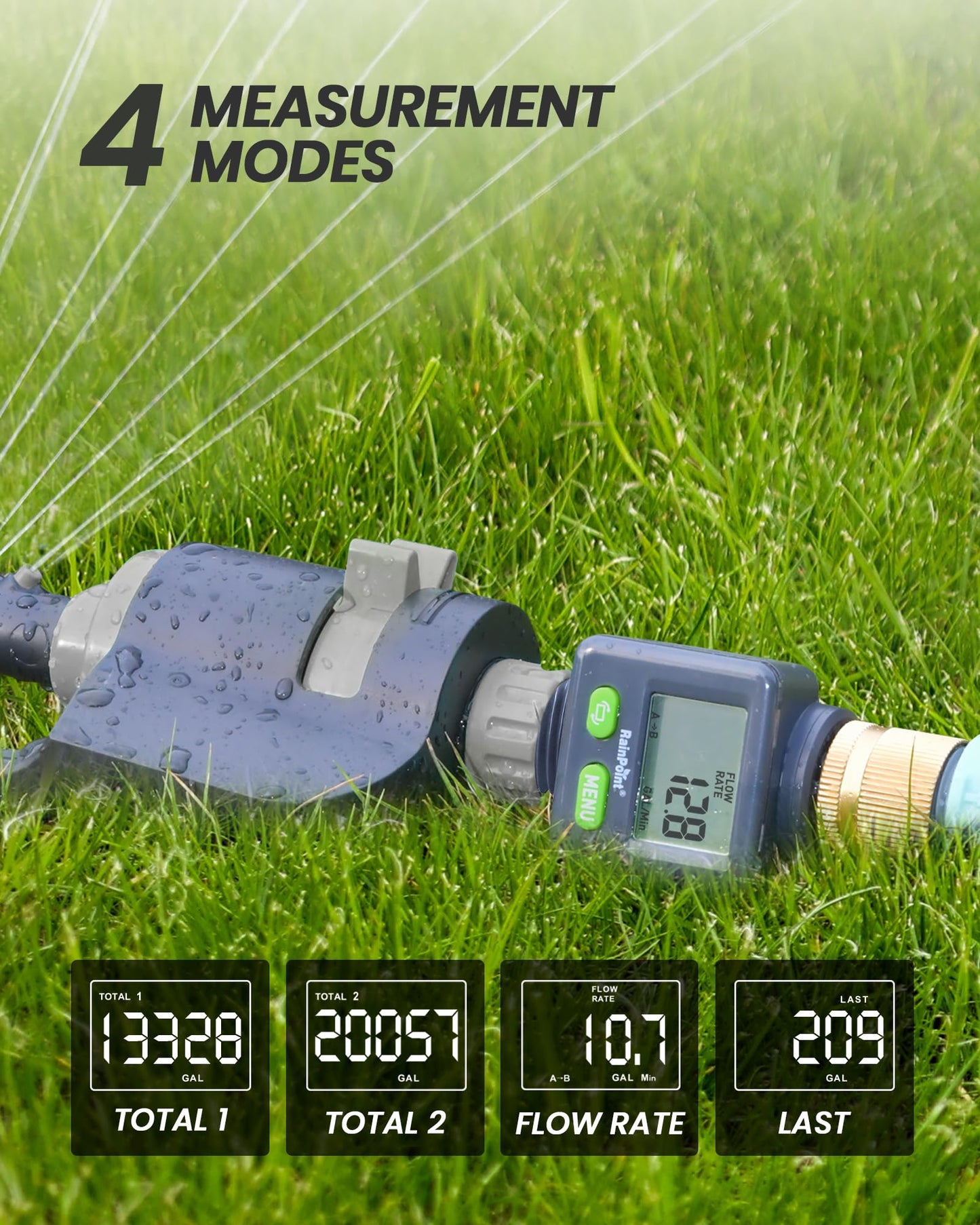 Rainpoint Water Flow Meter with Brass Inlet, 180°Screen-Flip Garden Hose Flow Meter, Measure up to 9999.9 Gallon/Liter Consumption & Flow Rate for RV, Garden Hose, Sprinkler & Nozzle Sprayer