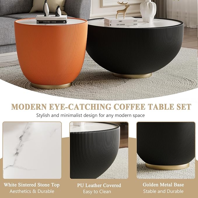 Round Marble Coffee Table Set of 2, 2 Piece Coffee Table and End Table