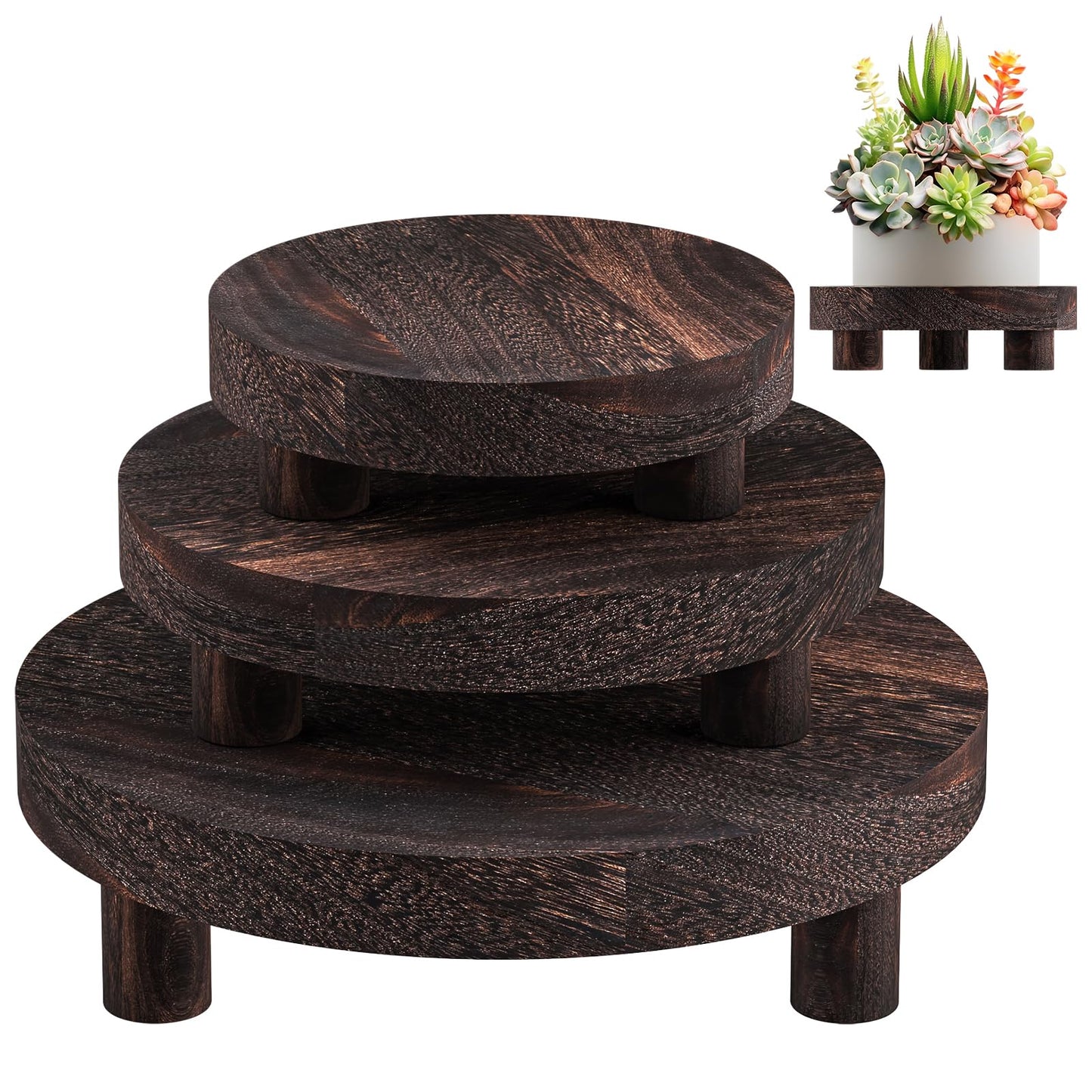 HAWHUV 3 Pcs Wood Plant Stand Indoor Outdoor, Round Wood Riser for Decor 6/8/10" Wooden Stool Display Stand Flower Pot Holder Small Planter Tray Modern Potter Decorative for Desktop Counter Room