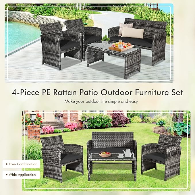 Goplus 4-Piece Rattan Patio Furniture Set, Outdoor Wicker Conversation Sofa