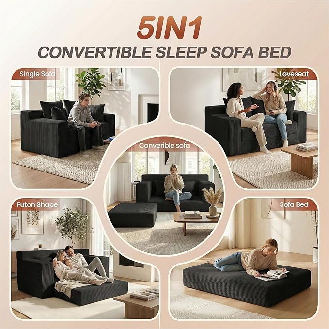 Convertible 5 in 1 Futon Sofa Bed Full Size, Corduroy Boneless Couch Sleeper