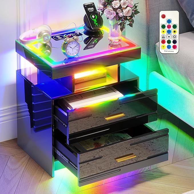 HNEBC RGB Nightstand with Wireless Charging Station, LED Night Stand with