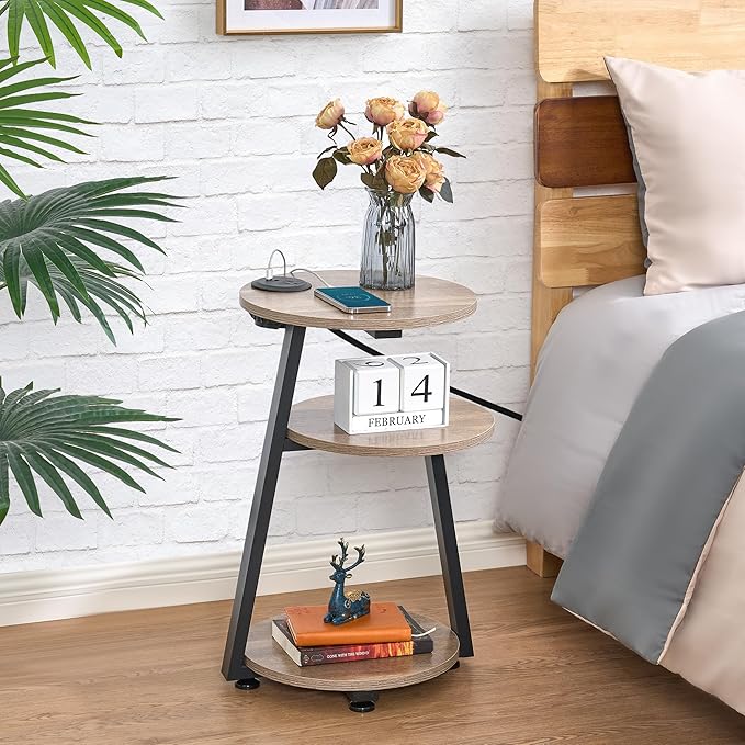 BEWISHOME Round End Table with Charging Station, Side Accent Table with 3-Tier