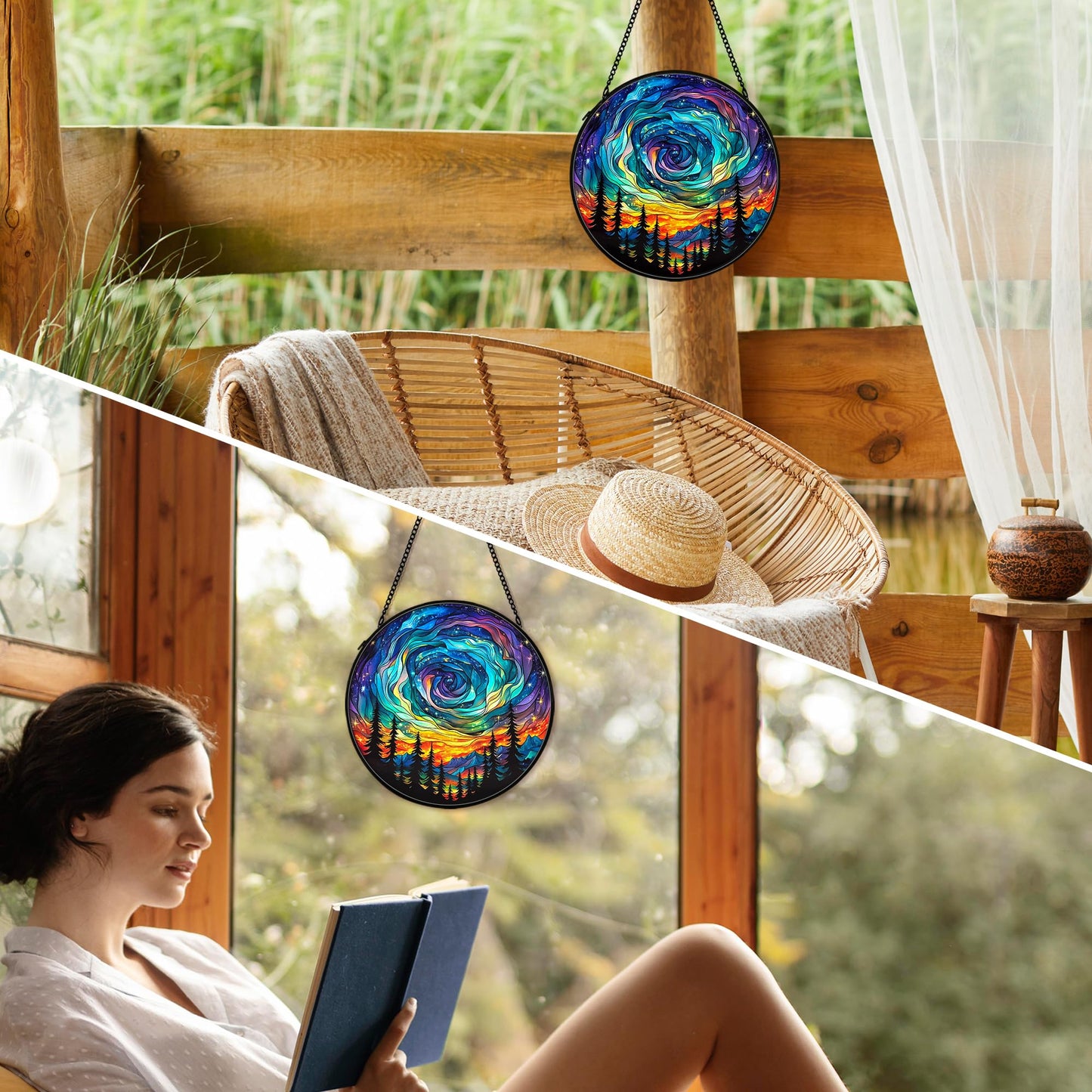 cvjutf Northern Lights Suncatcher Stained Glass Window Hanging Decor Ornaments, Nature Mountain Stained Glass Decor, Landscape Garden Lawn Sun Catchers Hanging Wall Art, Nature Lover Gifts,7.9x7.9In