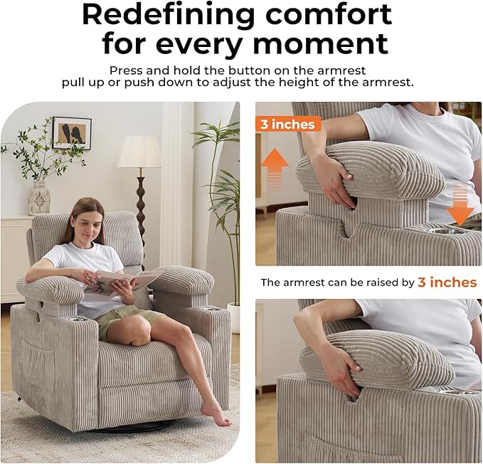 Rocking Chair Nursery with Adjustable Armrests, Electric Glider Recliner