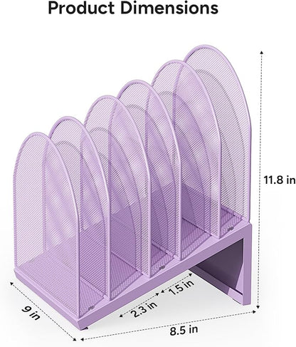 OUTIOE 5-Section Desk File Organizer, Metal Mesh Folder Organizer for Documents, Mail & Office Papers (Purple)