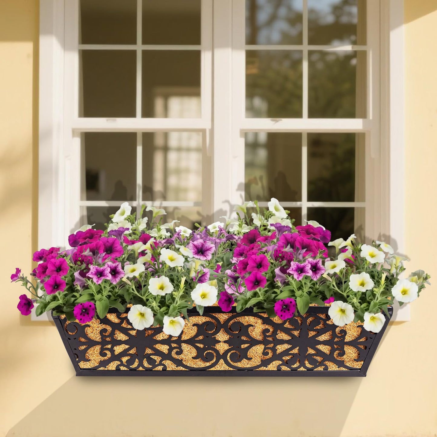 Karlliu 2 Pack 24 Inch Window Boxes Planters Railing Planter Box with Adjustable Brackets & Coco Liners Fabric Plant Grow Bags Deck Railing Planter Boxes Balcony Hanging Flower Box for Outdoor Plants