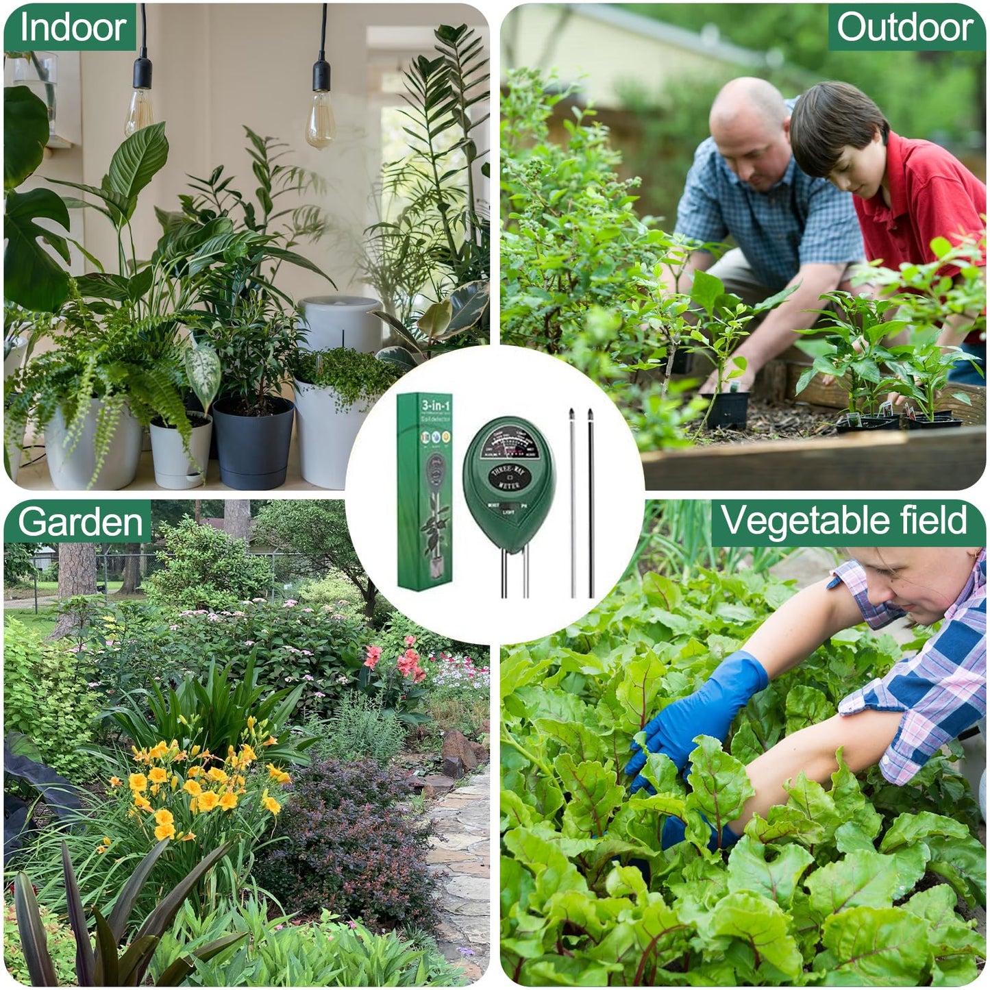 Soil Moisture Meter PH Tester: 3-in-1 Soil Test Kit Plant Water Meter for Garden Light Thermometer Testing Houseplants Moisture Hygrometer Ph Acidity Sensor for Lawn Farm Indoor and Outdoor Use