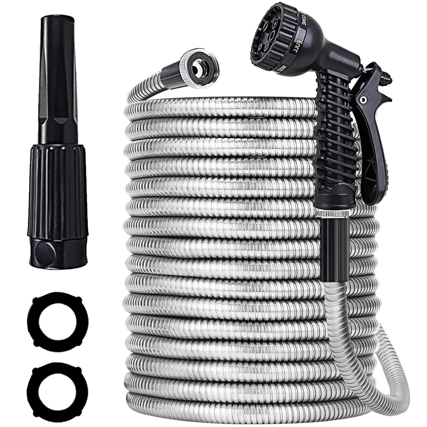 75ft Stainless Steel Garden Hose with 2 Nozzle Flexible Water Hose Lightweight Portable Tangle Free Metal Pipe for Patio Lawn Outdoor Heavy Duty Watering Water Pipe