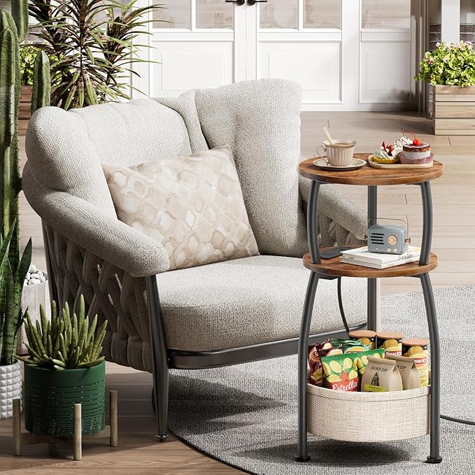 Side Table with Charging Station, Small Round End Table with Basket, USB Port