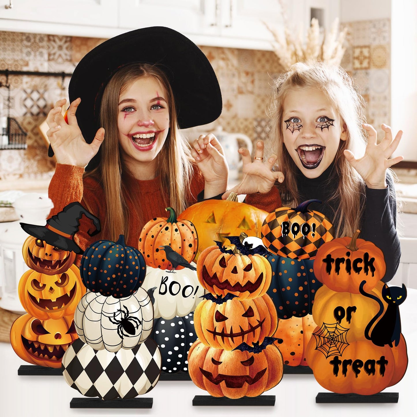 Soaoo 6 Pcs Halloween Table Decoration Pumpkin Table Centerpiece Home Ornament Indoor Wooden Sign for Halloween Party Dinner Kitchen Decor
