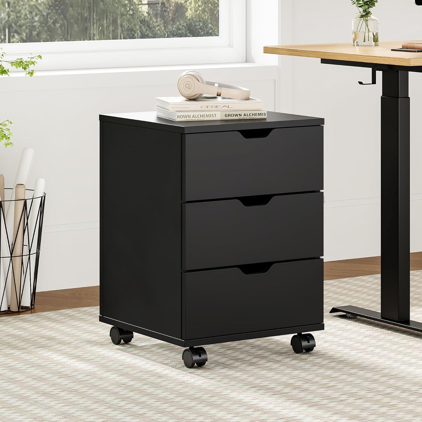 Farini 3-Drawer Under Desk Wooden File Storage Cabinet with Lockable Caster for Home Office,Black,Required Assembly