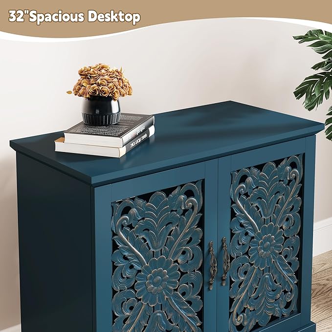 ARTPOWER Accent Cabinet with 2 Doors, Vintage Carved Wood Storage Cabinet