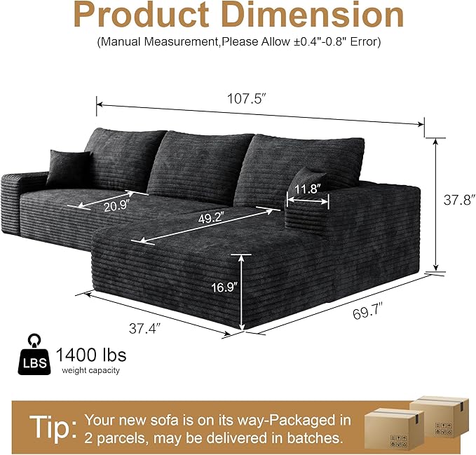 108" Sectional Couches for Living Room Cloud Couch Sofa