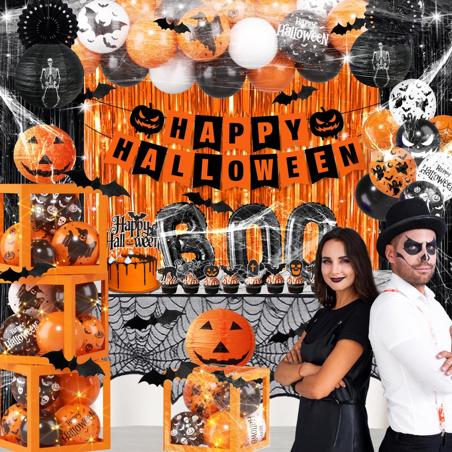 Halloween Party Decorations, Halloween Decorations Kit includes Ghost Balloons Boxes Spider Web Tablecloth Black Orange Foil Curtains, Boo Party Supplies for Home Birthday Decoration