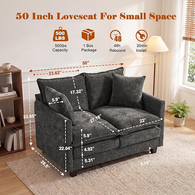 Loveseat Sofa Cloud Sofa Couch 50'', Modern Loveseats 2 Seat Couch 27" Deep Seat