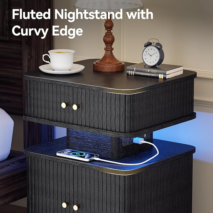 LED Nightstand Set of 2, Fluted Night Stand
