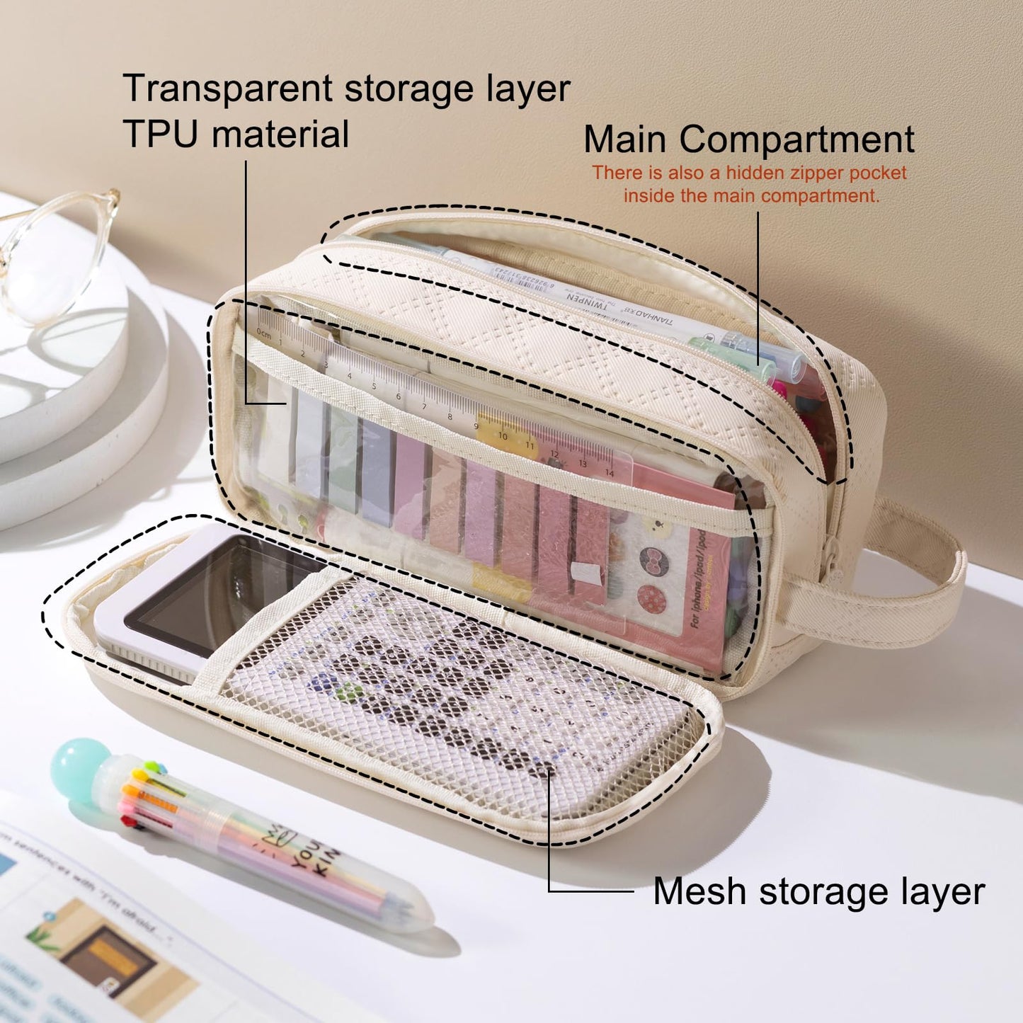 EASTHILL Large Capacity Pencil Case Cute Pencil Pouch with Handle Stationery Pen Bag for Teen Girls-Cream